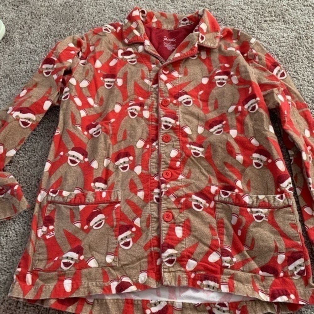 Nick & Nora Red Sock Monkey Pajama Top Flannel Christmas Tan Red Large